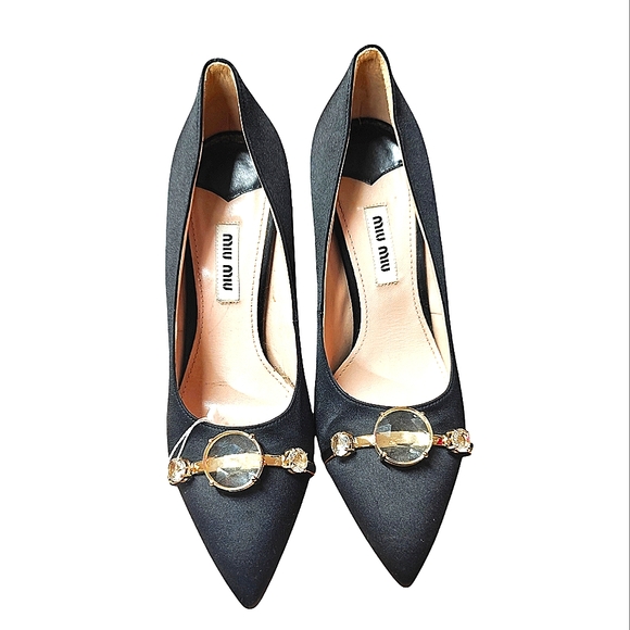 Miu Miu Black Satin Pumps 37.5 Gold and Gem Toe Ornaments EUC - Picture 2 of 11